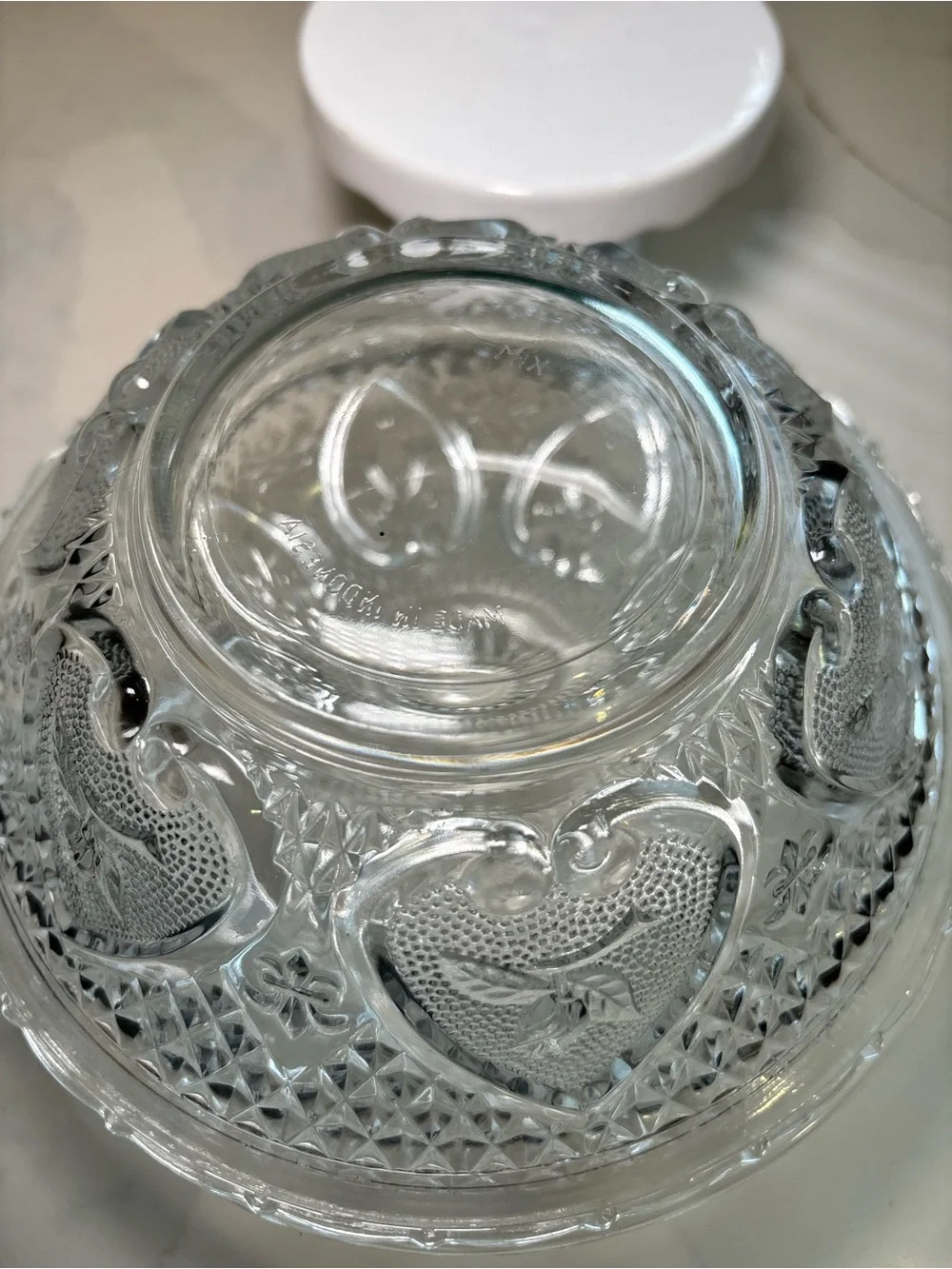 KIG Glass Candy Dish with Lid Clear Pressed Hearts Roses Shabby Chic Bowl VTG